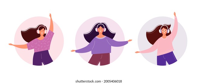 Personajes femeninos con auriculares - Chica feliz escuchando música, radio o podcast - Jóvenes bailando, saltando, divirtiéndose - Ilustración vectorial