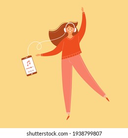 Female characters with headphones and smartphone listening to music, radio or podcast - Happy woman  dancing, jumping, having fun - Vector illustration