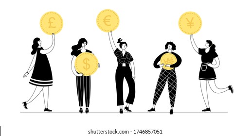 Female characters hold a coins USA Dollar, Pound Sterling, Euro and other of international currency. The concept of donations or financing. Flat vector cartoon illustration. Design elements