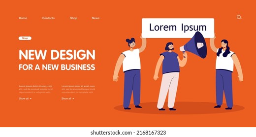 Female characters holding placard and woman with megaphone in hand. People claiming womens rights flat vector illustration. Demonstration concept for banner, website design or landing web page
