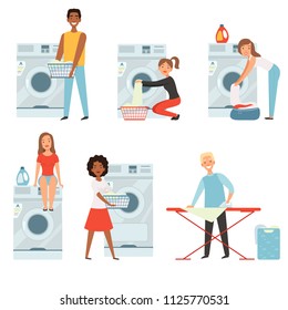 Female characters in laundry. Vector pictures set isolate. Laundry housework, household and housekeeping illustration