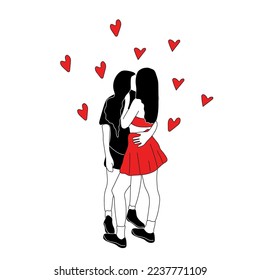 Female characters looking at each other. Lesbian couple in love. Concept of female tenderness and passion. LGBT romantic relationship