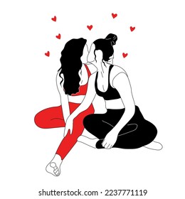 Female characters looking at each other. Lesbian couple in love. Concept of female tenderness and passion. LGBT romantic relationship