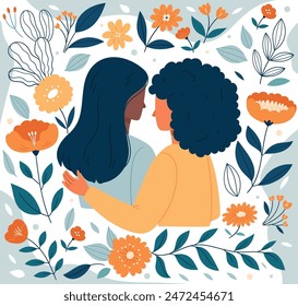 Personajes femeninos mirándose unos a otros. Retrato de una pareja de lesbianas enamoradas. Concepto de ternura y pasión femenina. Relación romántica LGBT en ilustración de dibujos animados de Vector plano