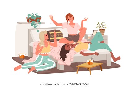 Female characters lying on bed in bedroom, laughing and talking, young women drinking wine and eating fast food. Fun sleepover party of girls best friends in pajamas