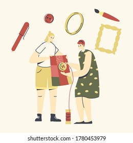 Female Characters Needlework, Dressmaking Hobby, Sewing Clothes Seamstress Woman Sew Buttons on Fabric. Handmade, Fashion Atelier or Factory Manufacturing Workers. Linear People Vector Illustration