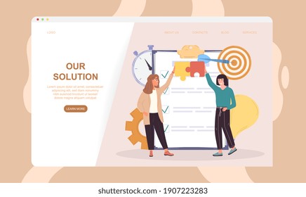 Female characters are offering their solution. Coworkers connecting puzzles and coming up with new ideas for their project. Website, web page, landing page template. Flat cartoon vector illustration