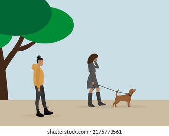 Female characters, one of them with a dog, are walking outdoors