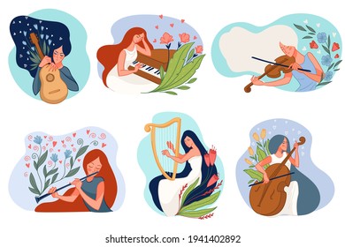 Female characters playing wind and string musical instruments, practicing or preparing for stage performance. Violin and harp, flute and acoustic guitar, piano and classic music. Vector in flat style