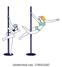 Personajes Femeninos Practicando El Concepto De Baile Polar. Un par de jóvenes niñas sexys Pole Dancers Formación y Ejercicio en Ensayos de Enseñanza Coreográfica y Poses. Ilustración de vectores de personas lineales
