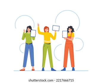 Female Characters Presenting Advertising or Application on Modern Device Desktop Concept. Joyful Women Pointing On Empty Screen Of Digital Tablets and Gesturing. Cartoon People Vector Illustration
