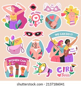 Female characters protesting and showing placards on parade. Isolated feminism movement supporters, slogan and girl power. Flowers and bra, ladies can do it. Stickers set, vector in flat style - Shutterstock ID 2137186041