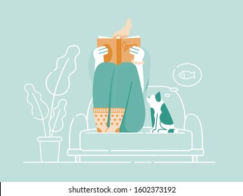 Female characters reading books on the sofa with cute dog illustration flat design