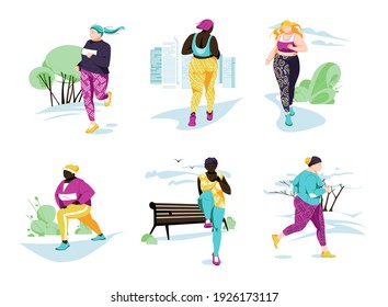 Female Characters run Sport Activities Set. Different races Running Women Doing Outdoor Sports Exercises, Fitness Workout. Cartoon Flat Vector Illustration