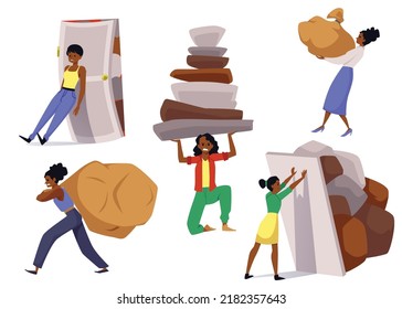 Female characters set carry heavy burdens of life, flat vector illustration isolated on white background. People overloaded with problems and hardships.