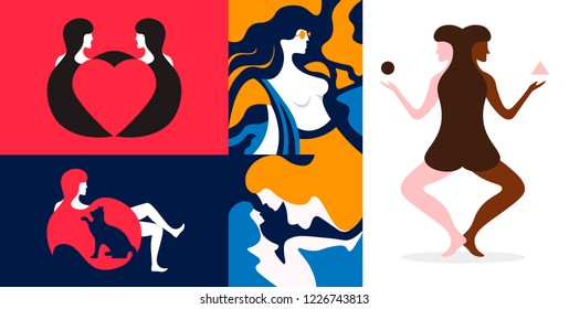 Female characters set . Vector templates for card, poster, flyer