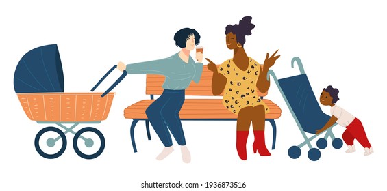 Female characters sitting on bench in park with kids in pram. Friends talking and having rest drinking coffee. Motherhood and friendship, interaction with children and girlfriend. Vector in flat style