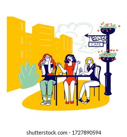 Female Characters Sitting in Outdoor Cafe Drinking Coffee and Listening Boring Annoying Talk of Girl Friend. Bored Conversation, Boredom and Irritation Concept. Linear People Vector Illustration