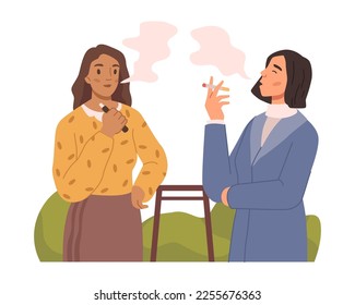 Female characters smoke outdoors, standing and talking on break. People with cigarettes and vape, conversation of colleagues or friends. Vector in flat style