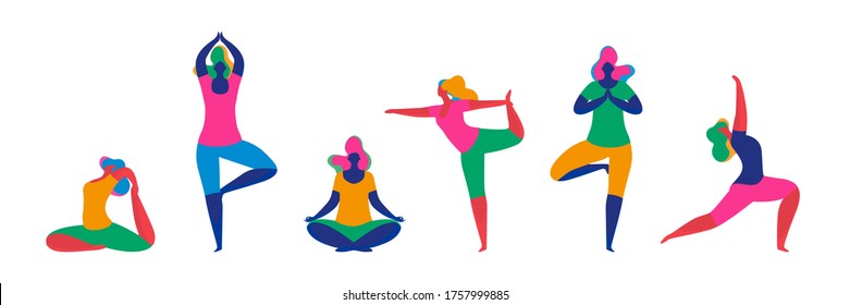 Female Characters Sport Activities Set. Sports, Yoga Exercise, Fitness, Yoga Poses, Stretching, Healthy Lifestyle. Woman Cartoon Character. Flat Vector Illustration