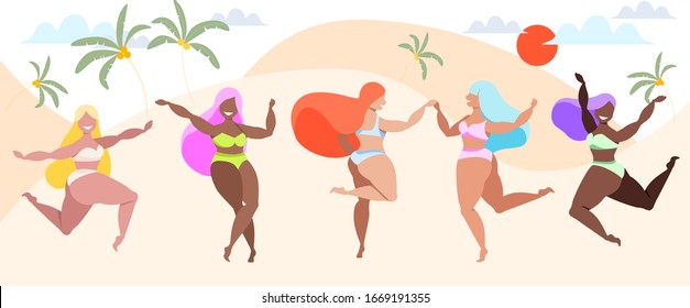 Female characters in swimsuits dancing on the beach. Summertime, sun, clouds and palm trees. Variety of skin tones, hair styles and colours. Trendy vector illustration of dancing girls. Web app design