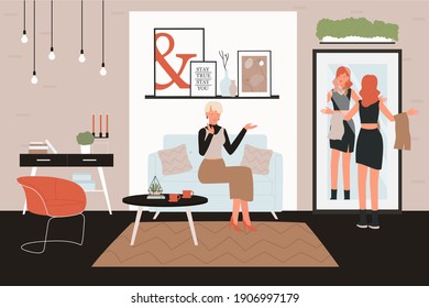 Female characters talk vector illustration. Cartoon woman sitting on sofa couch and talking, girl standing in front of mirror, mother and daughter conversation in home living room interior background