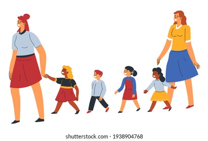 Female characters teachers in kindergarten walking with kids holding hands. People with small child, going to excursions or strolling. Daycare or school care. Tutor with girls and boys. Vector in flat