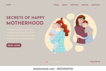 Female characters with their children of different ages. Concept of motherhood, parenthood, childhood, mother s day. Website, web page, landing page template. Flat cartoon vector illustration