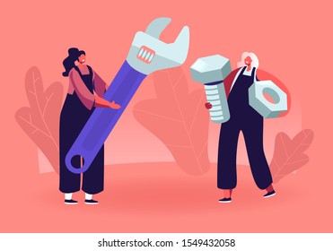 Female Characters with Tools. Tiny Girls in Overalls Holding Huge Wrench Screw and Nut. Handyman Women Fixing Broken Technics at Home, Repair Service Call Masters. Cartoon Flat Vector Illustration