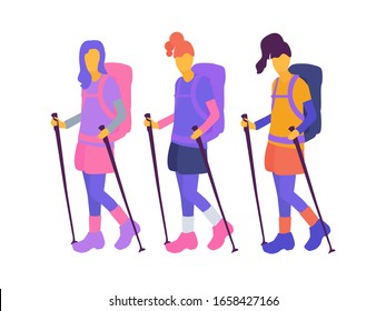 Female characters with trekking poles goes to the mountains. Active people with backpacks hiking, exploring wild nature, trekking. Flat cartoon vector illustration.