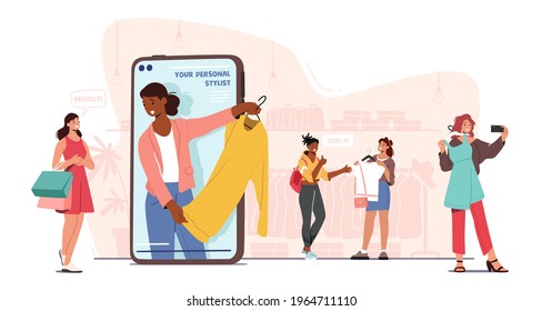 Female Characters Use Personal Fashion Stylist Online Service. Consultant on Huge Smartphone Screen Giving Advices to Women about Design Issues and Clients Wardrobe. Cartoon People Vector Illustration