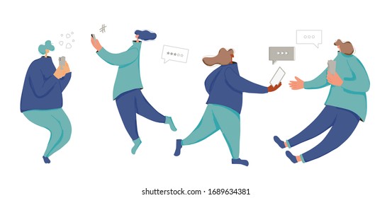 Female characters using their phone for texting a message. Young people chatting with their smartphones. Women reading news on internet collection isolated on white background. Vector flat illustration