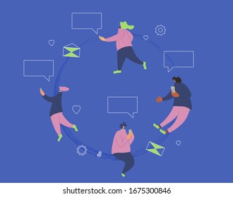 Female characters using their phones for texting a message surrounded social media symbols. Young persons chating with their smartphone. Women reading a news and influencers blogs. Vector illustration