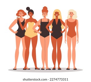 Female characters with various body types and races, flat vector illustration isolated on white background. Women diversity and difference of figures concept.