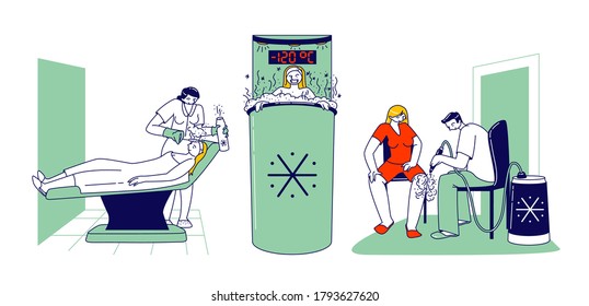 Female Characters Visit Cryotherapy Procedure for Skincare Treatment. Women Applying Face and Leg Cryo Physiotherapy, Girl in Cryocamera with Minus Degrees and Smoke. Linear People Vector Illustration