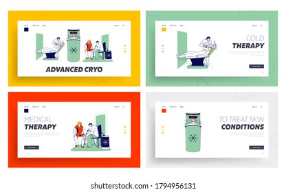 Female Characters Visit Cryotherapy Procedure Landing Page Template Set. Women Apply Face and Leg Cryo Physiotherapy, Girl in Cryocamera with Minus Degrees and Smoke. Linear People Vector Illustration