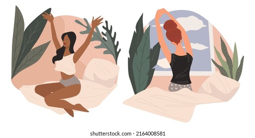 Female characters waking up in bedroom stretching and looking out of window. Women in morning wearing pajamas feeling sleepy. Cheerful teenager girls at home or on vacation. Vector in flat style