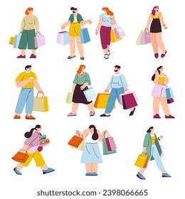 Personajes femeninos caminando con bolsas, mujeres aisladas comprando y buscando productos con descuentos y a la venta. Ofertas para clientes, niñas con paquetes y regalos para el hogar. Vector de estilo plano