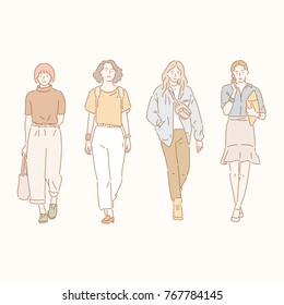 Female characters walking down the street in a stylish fashion. hand drawn style vector doodle design illustrations.