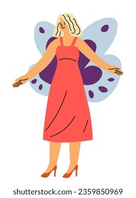 Female characters wearing outfit of fairy or butterfly. Halloween fun and recreation, clothes with wings and dress.Trick or treat, costume for holiday party celebration. Vector in flat style