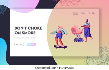 Female Characters Wearing Protective Face Masks. Woman with Baby Stroller, Girl Riding Skateboard. Industrial Air Pollution Website Landing Page, Web Page. Cartoon Flat Vector Illustration, Banner