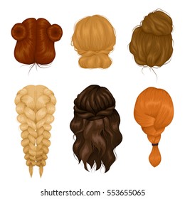 Female characters wigs 6 various hairstyle back view icons collection with casual hairdo and plait isolated vector illustration 