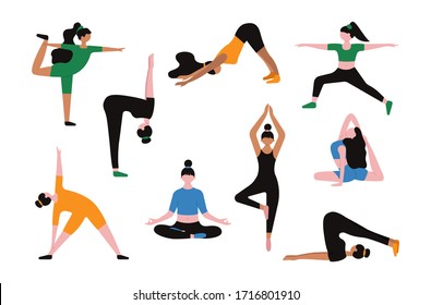 Female characters yoga stretching. Cartoon sport activities set, people doing yoga exercise workout flat style. Healthy lifestyle design, vector illustration