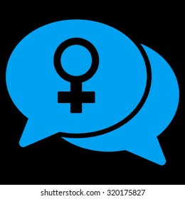 Female Chat vector icon. Style is flat symbol, blue color, rounded angles, black background.