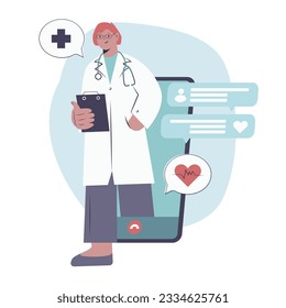 Female chatting with patients via mobile phone. Quick and easy way to receive medical advice and treatment from comfort of ones own home. Online medical consultation concept. Flat vector illustration