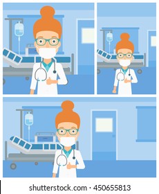 Female cheerful doctor in mask giving thumbs up while standing on the background of hospital room. Vector flat design Illustration. Square, horizontal, vertical layouts.