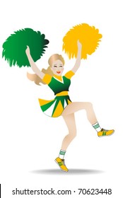 female cheerleader in green and gold colors cheering happily