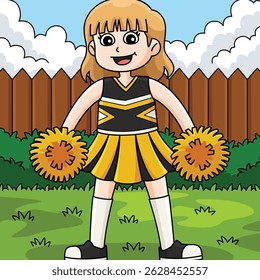 Female Cheerleader Holding Pompoms Colored Cartoon