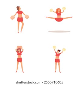 Female cheerleader icons set cartoon vector. Dancing cheerleader girl. Sport event