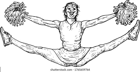 A female cheerleader performing a jumping split with a pom-pom. Hand drawn vector illustration.